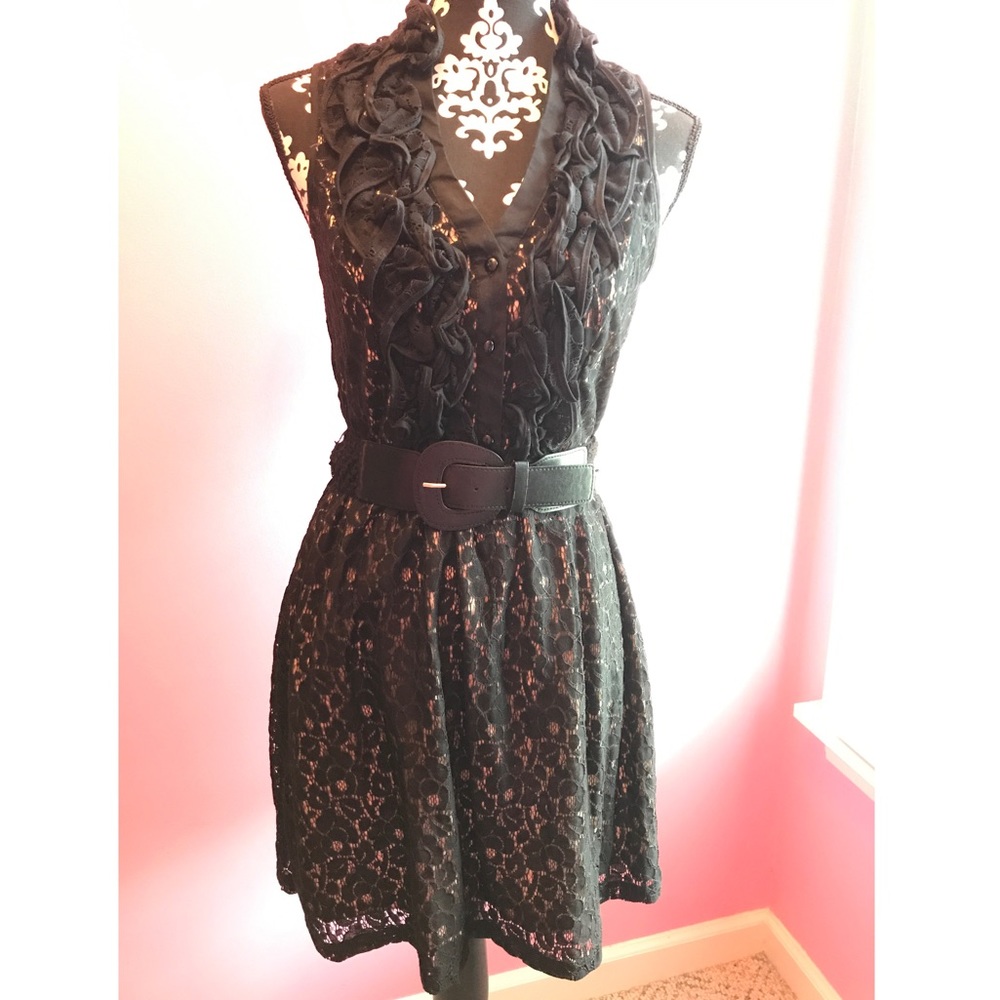 Little Black Belted Lace Dress. Size S